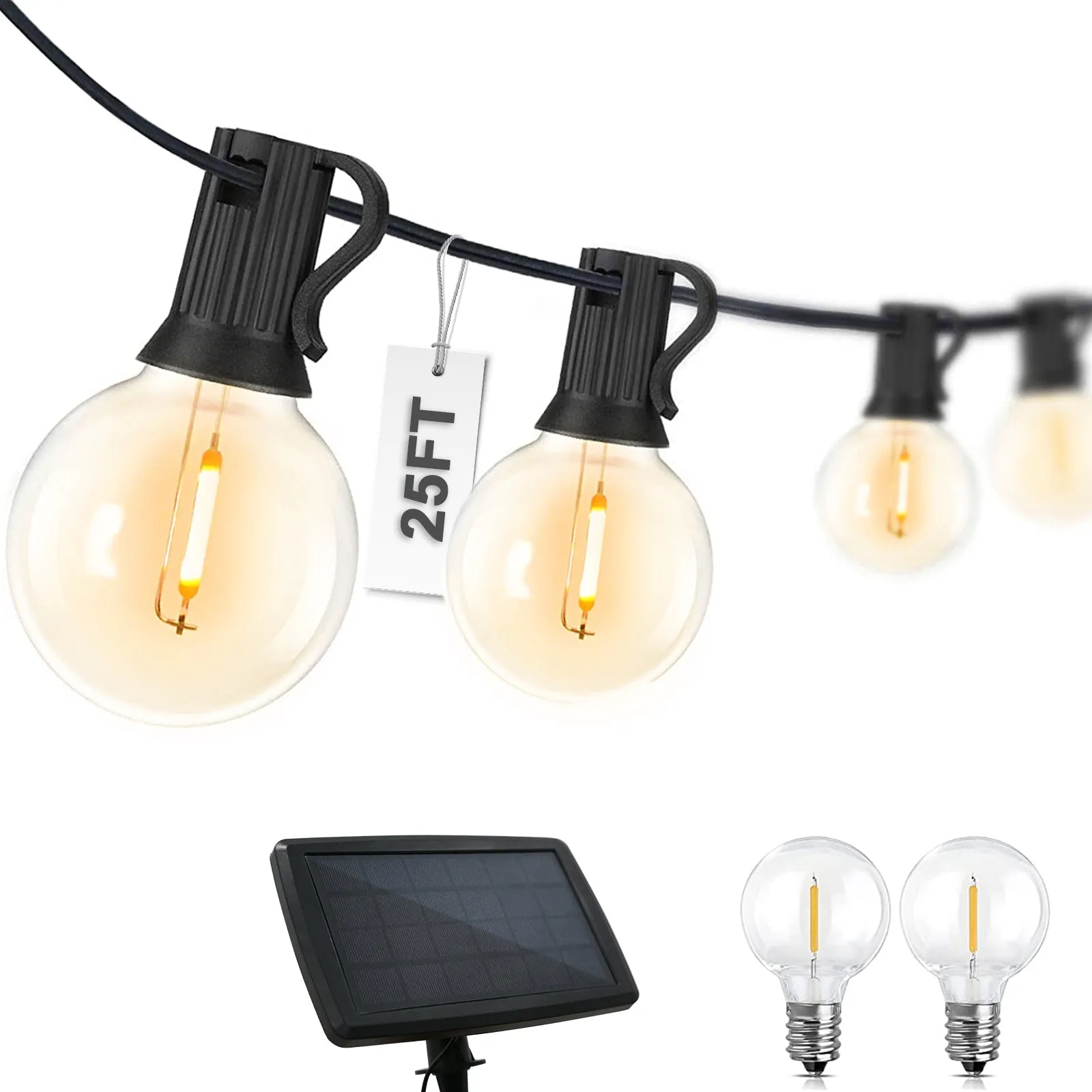 Outdoor Solar String Lights 25 ft G40 of Waterproof Patio Lights with 25 LED Shatterproof Bulbs (2 Spare), 4 Light Modes, E12 Base