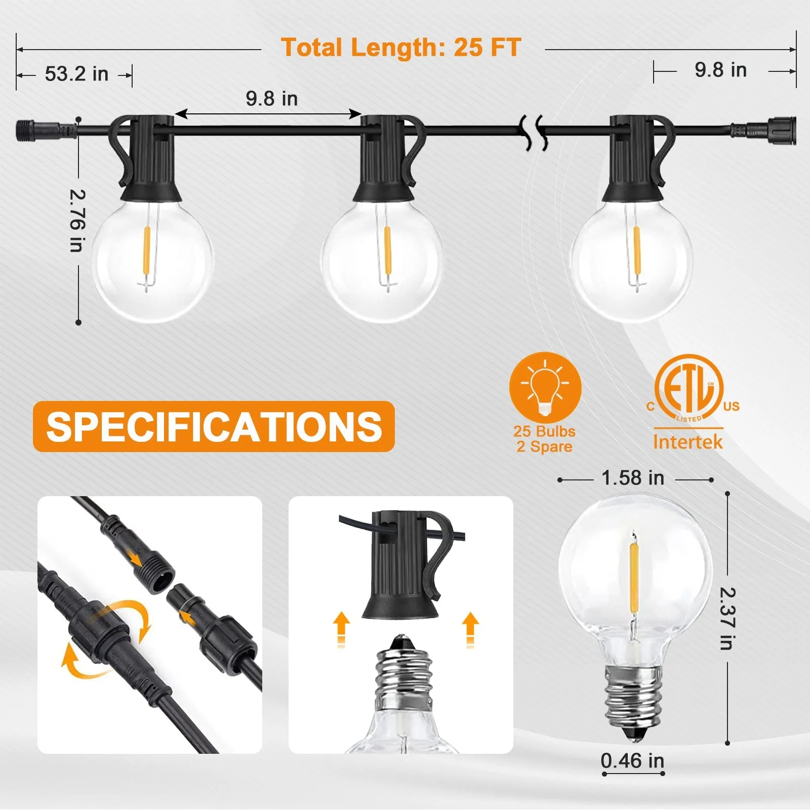 Outdoor Solar String Lights 25 ft G40 of Waterproof Patio Lights with 25 LED Shatterproof Bulbs (2 Spare), 4 Light Modes, E12 Base
